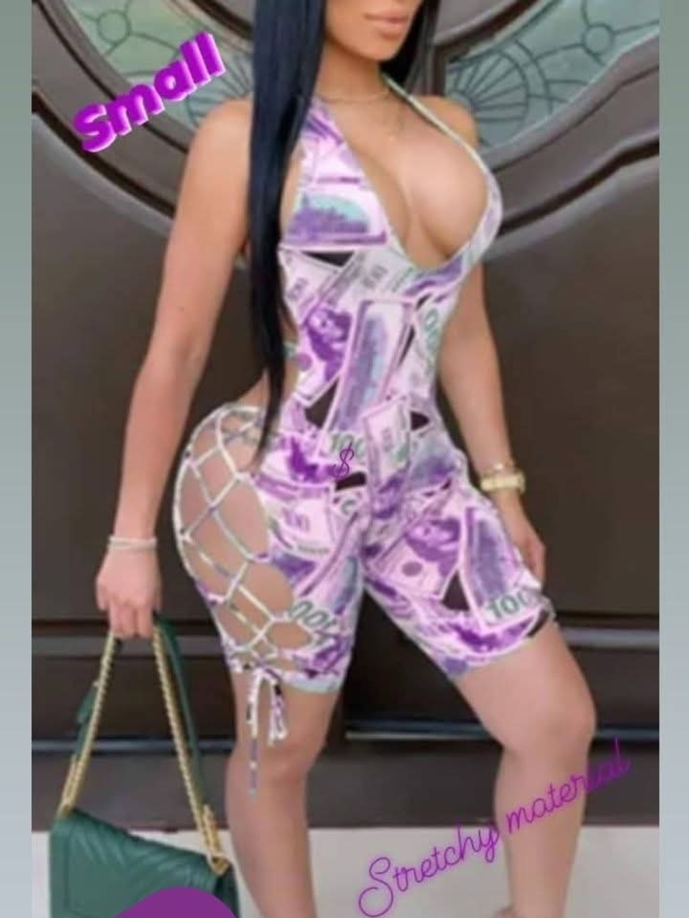 Money Print Cutout Halter Romper in Purple and White